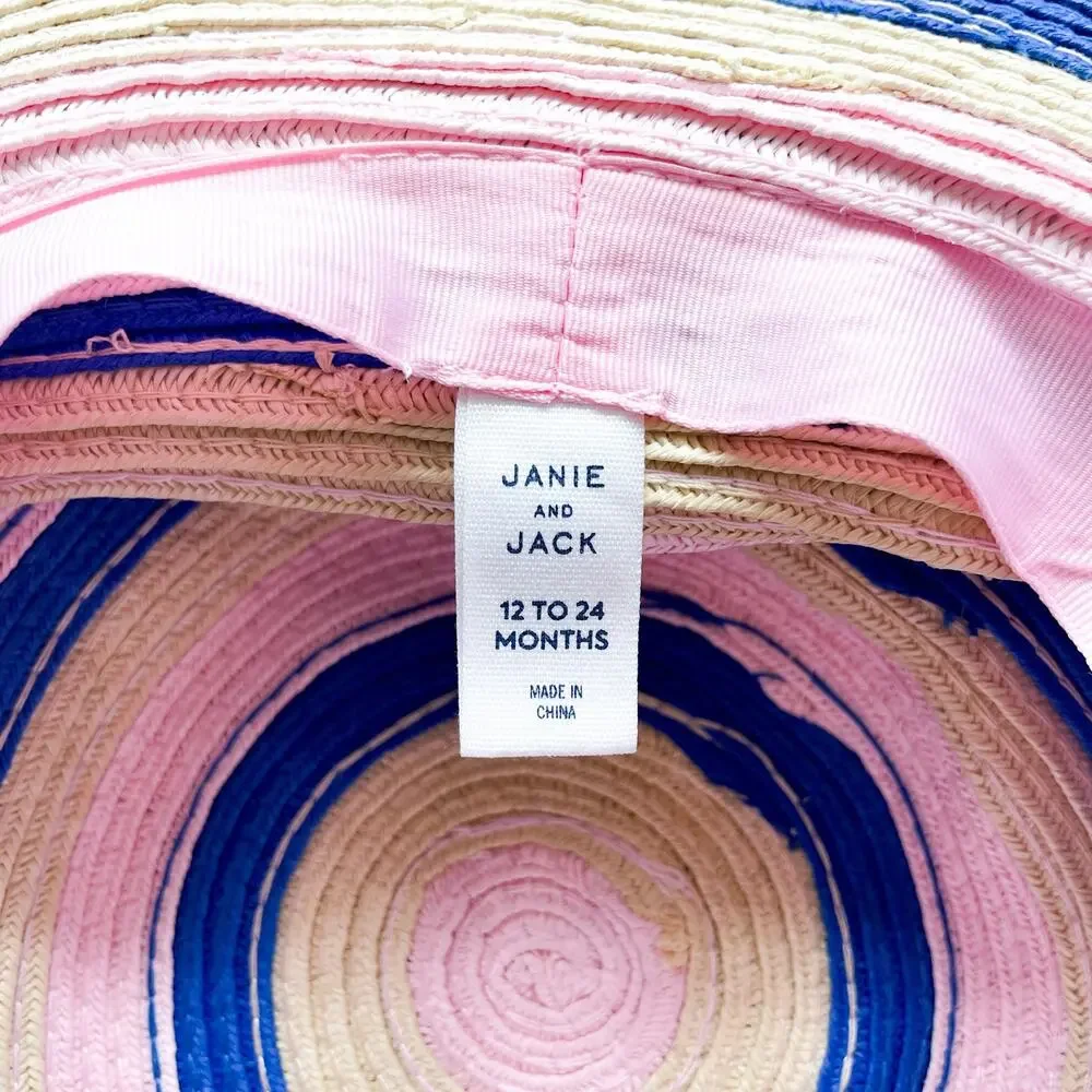 Toddler Girls Janie & Jack Wide Brimmed Floppy Striped Straw Sun Hat 12-24 Mo.